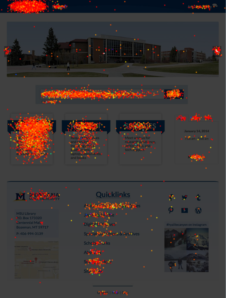 screenshot MSU library homepage with heatmap of click behavior